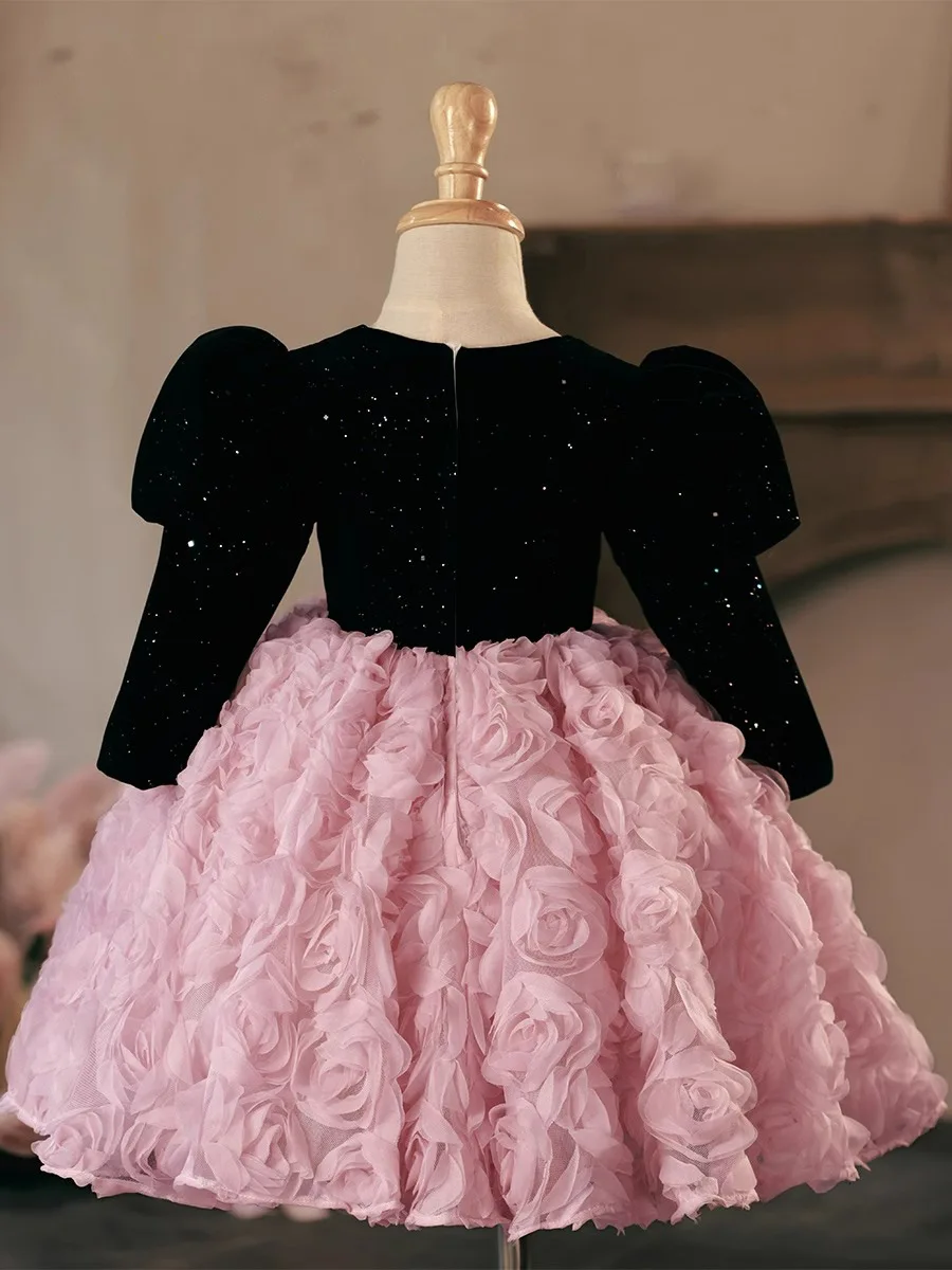 New Summer Short Sleeve Kids Flower Wedding Dress Party Wear Black Pink Lace Fairy Long Sleeve Flower Girls Dresses with Bow