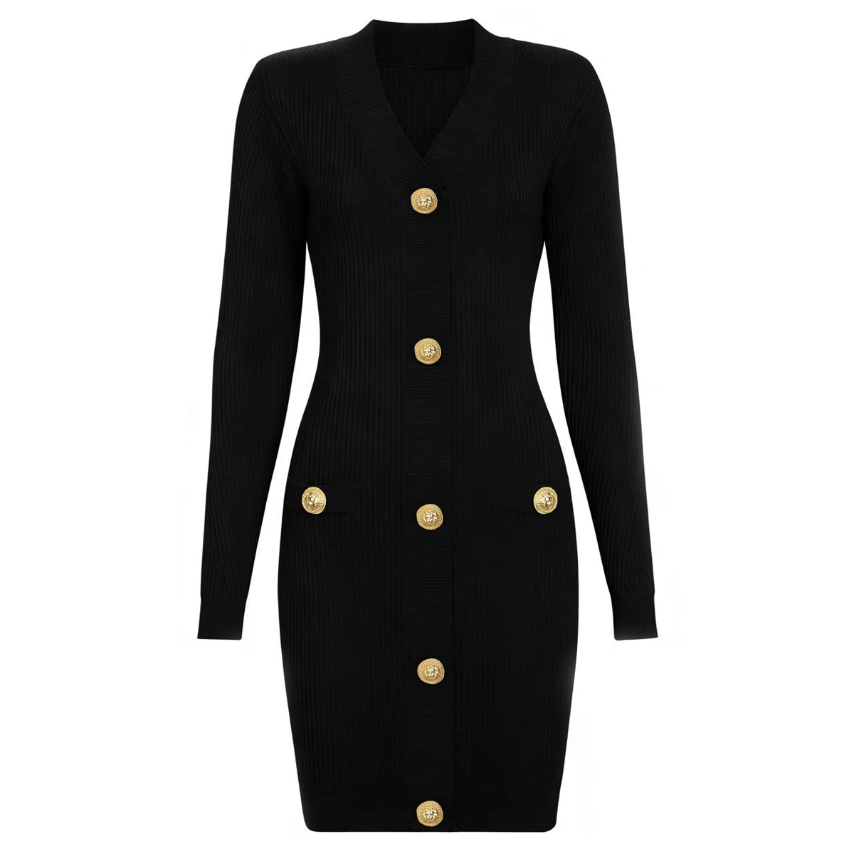 2694 High-quality Spring And Autumn New Style Long Sleeved V-neck Knitted Striped Versatile Slim Fit Button Up Women Dress