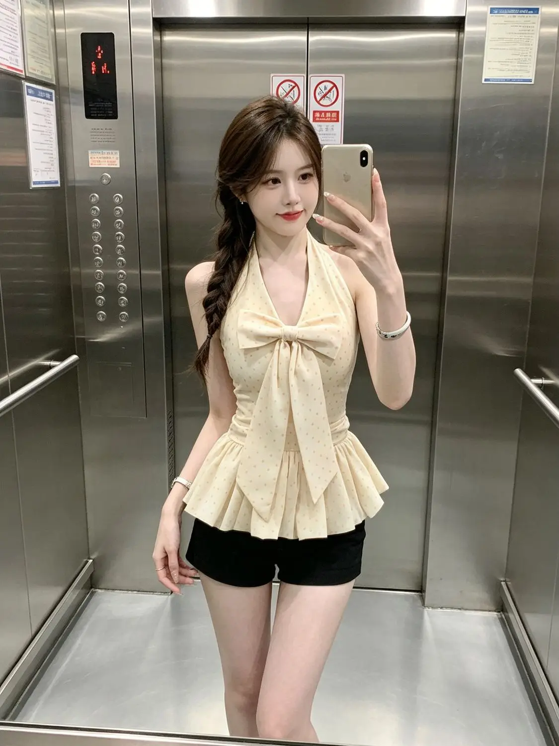 Summer New Polka Dot  Knot V Neck Backless Shirt Women's Waist Cinch Tie Fluffy Flower Hot Girl Top Commute Style