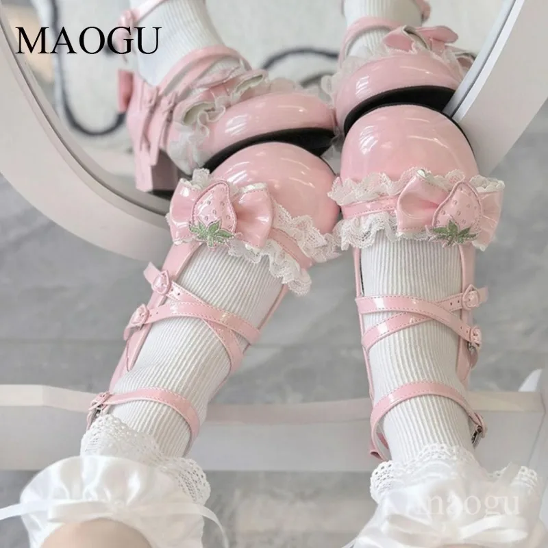 Women's Sweet Lolita Mary Janes Strawberry Bow Lace Chunky Block Heel Shoes Kawaii Dress Shoes 메리제인슈즈 Size 35-40 Туфли Лолита