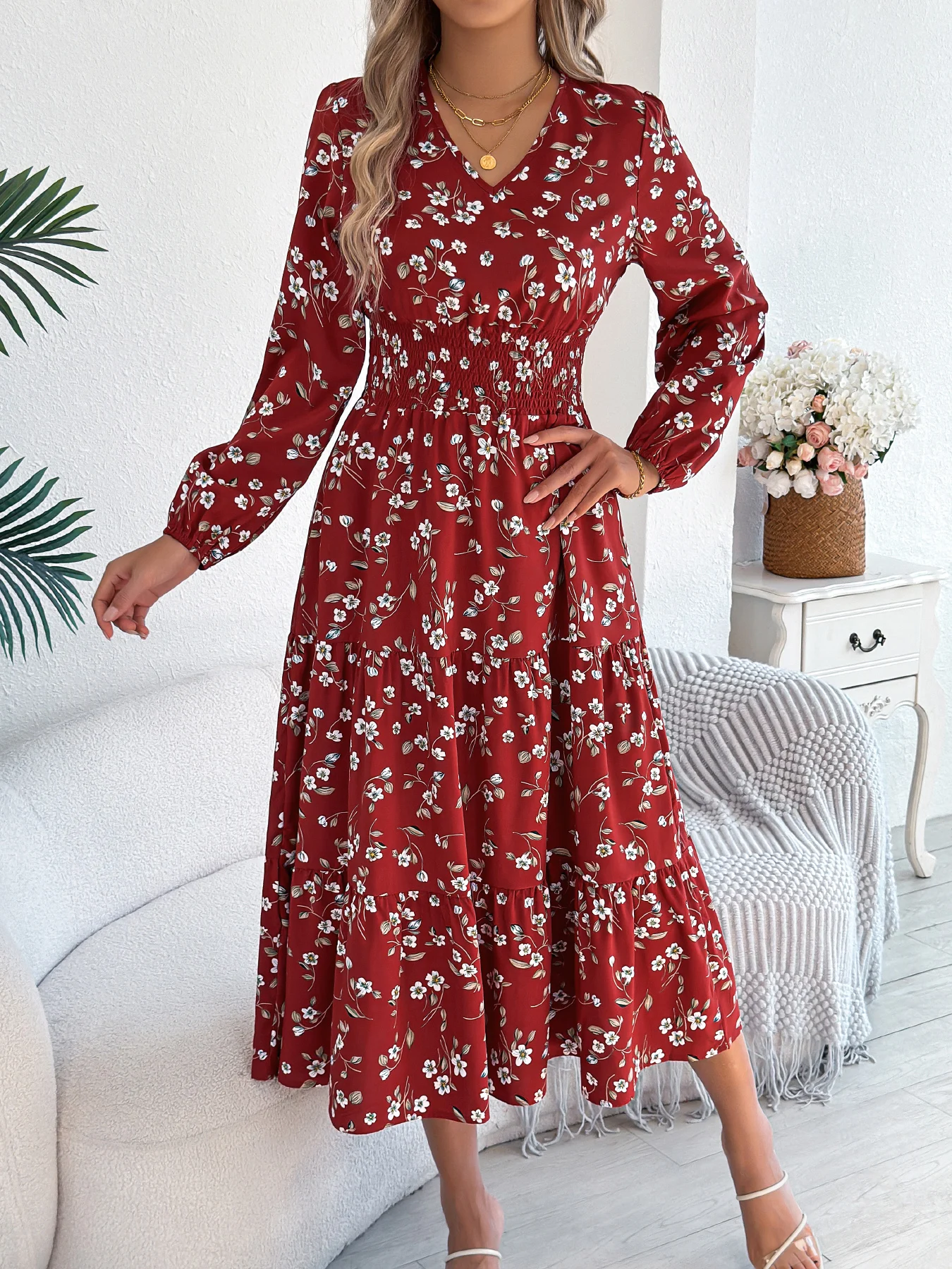 elegant spring dresses Women's Wrap Maxi Dress Floral V Neck Long Sleeve Wedding Guest Party Casual Chiffon Dress Beige S at Amazon Women's Clothing store Swing A Line Dress Wear Outdoor Summer Wedding Guest
