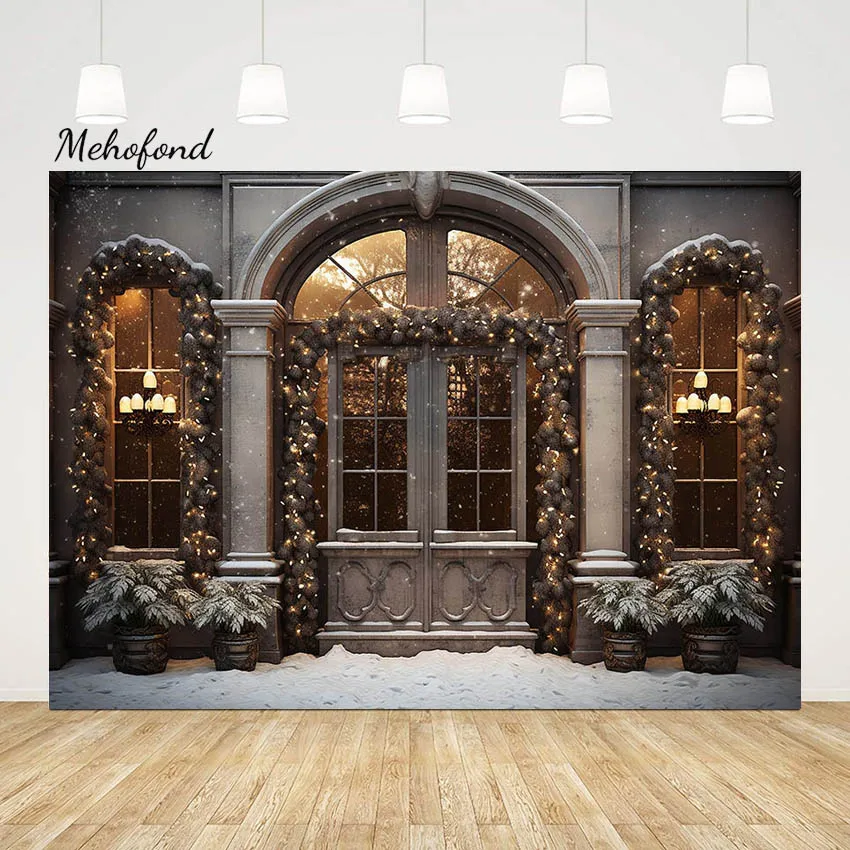 Mehofond Christmas Rustic Front Door Backdrop for Photography Vintage Xmas Tree Glitter Children Holiday Background Photo Studio