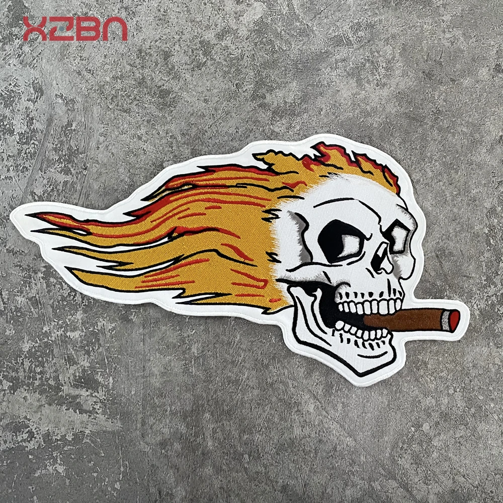 Flame Skeleton  Embroidery Cloth Sticker Back Logo Motorcycle Rider Personalized  Clothes Leather Vest DIY  Hand Sewing  30*16cm