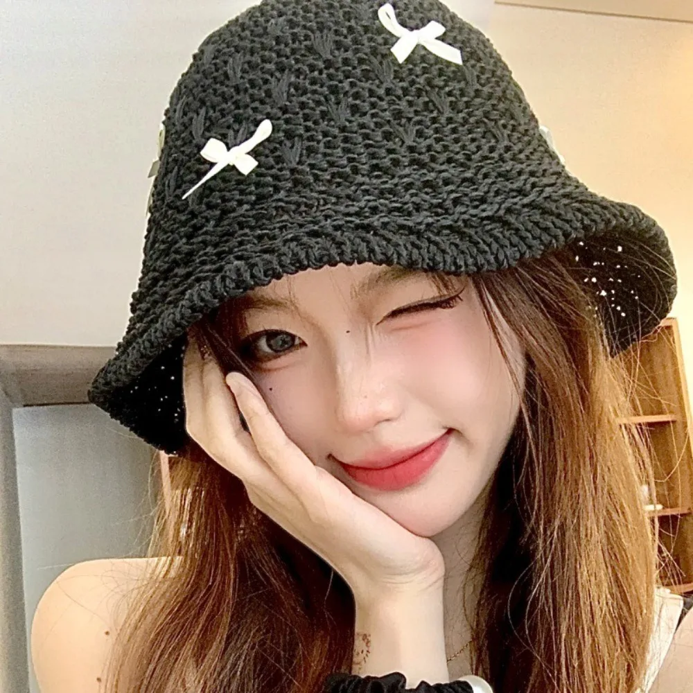 

Fashion Mini Bow Beach Straw Hat Solid Color Weaving Korean Bucket Hat Cotton Breathable Women Suncreen Hat Sun Protection