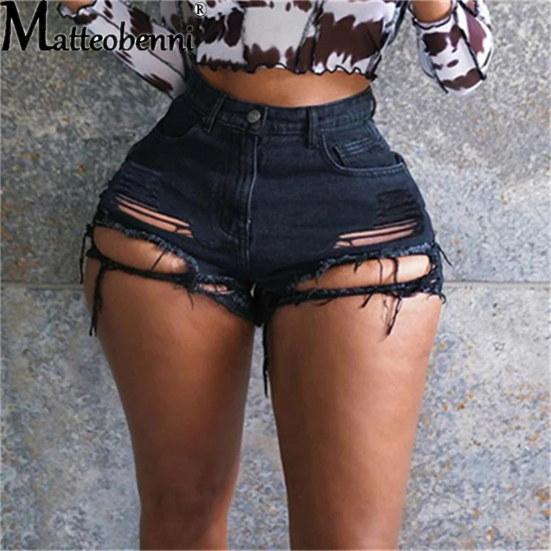 Pantalones cortos vaqueros de cintura alta para mujer, Shorts rasgados con agujeros, ropa de calle Sexy a la moda, novedad de verano 2021