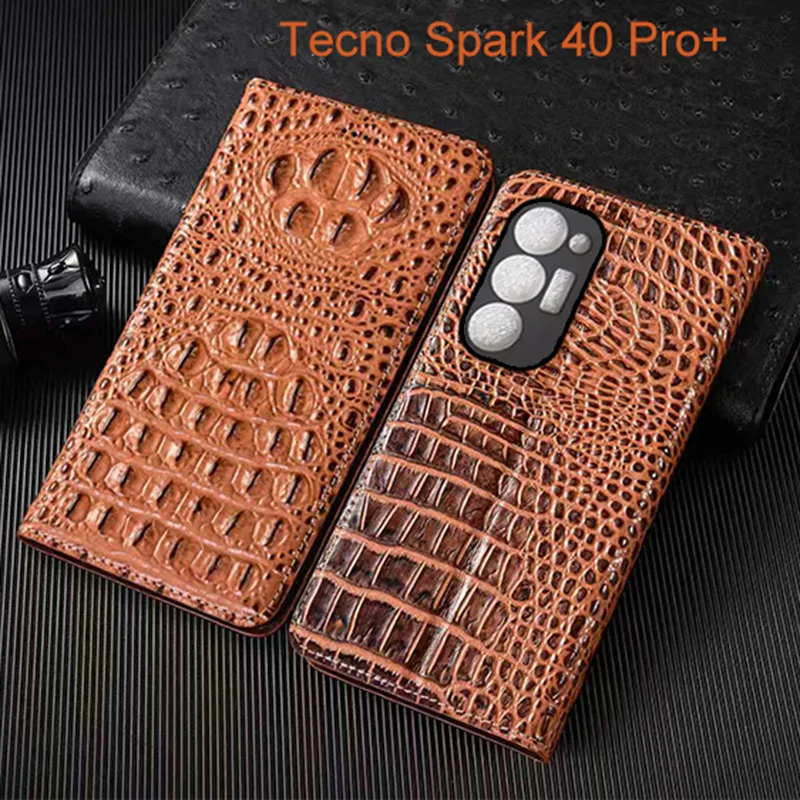 

Crocodile Claw Genuine Leather Flip Case For Tecno Spark 30 30C 40 40C Pro Plus Phone Cover Card Cases Scratch Proof