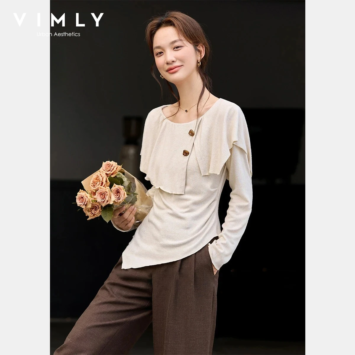

VIMLY Women's Knit Sweater Pullover 2025 Autumn French Style Retro O-Neck Ruffle Trim Lapel Asymmetric Hem Tees Casual Top 30333