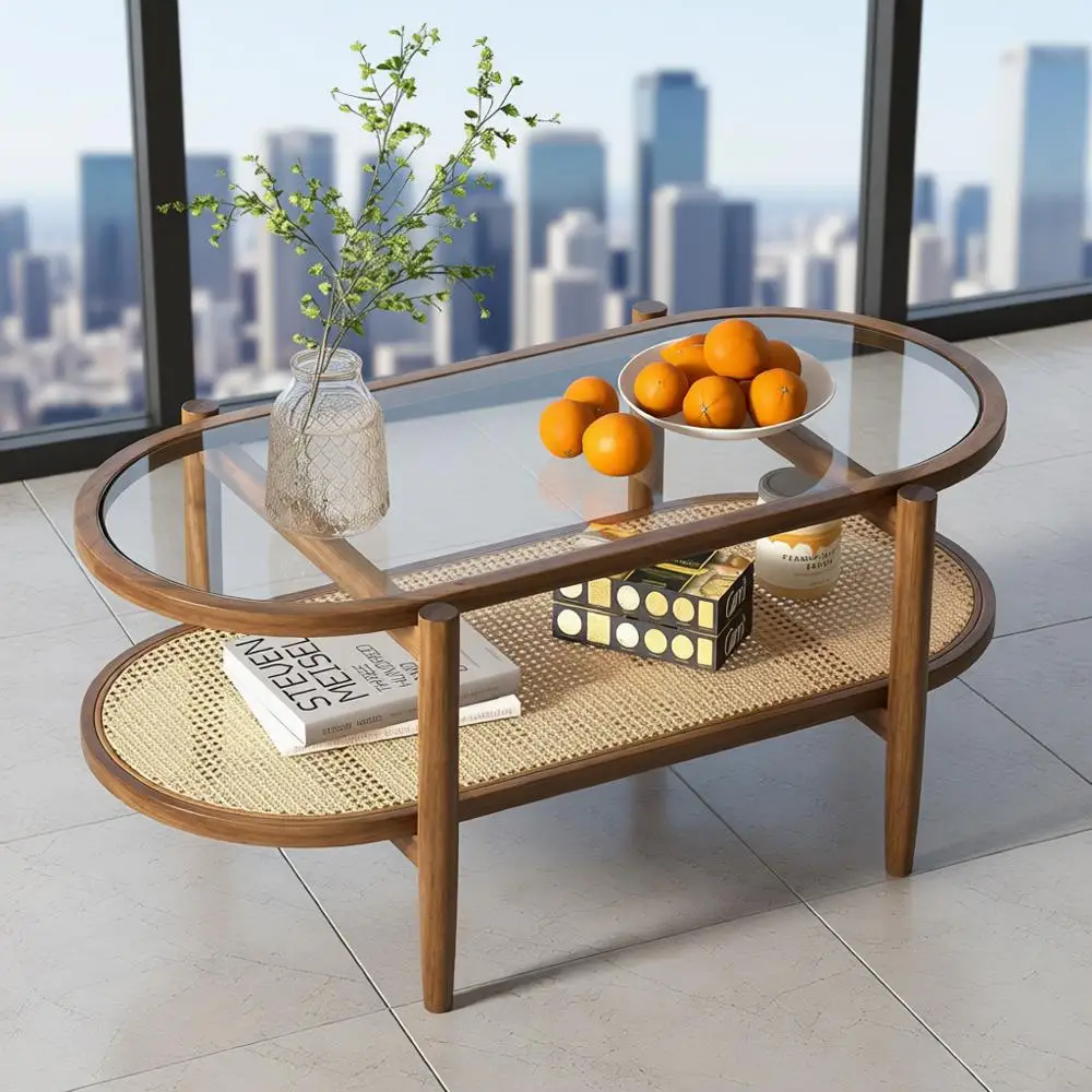 

Овальный журнальный столик из акации середины века со стеклянной столешницей и полкой из ротанга, стиль бохо для гостиной или офиса