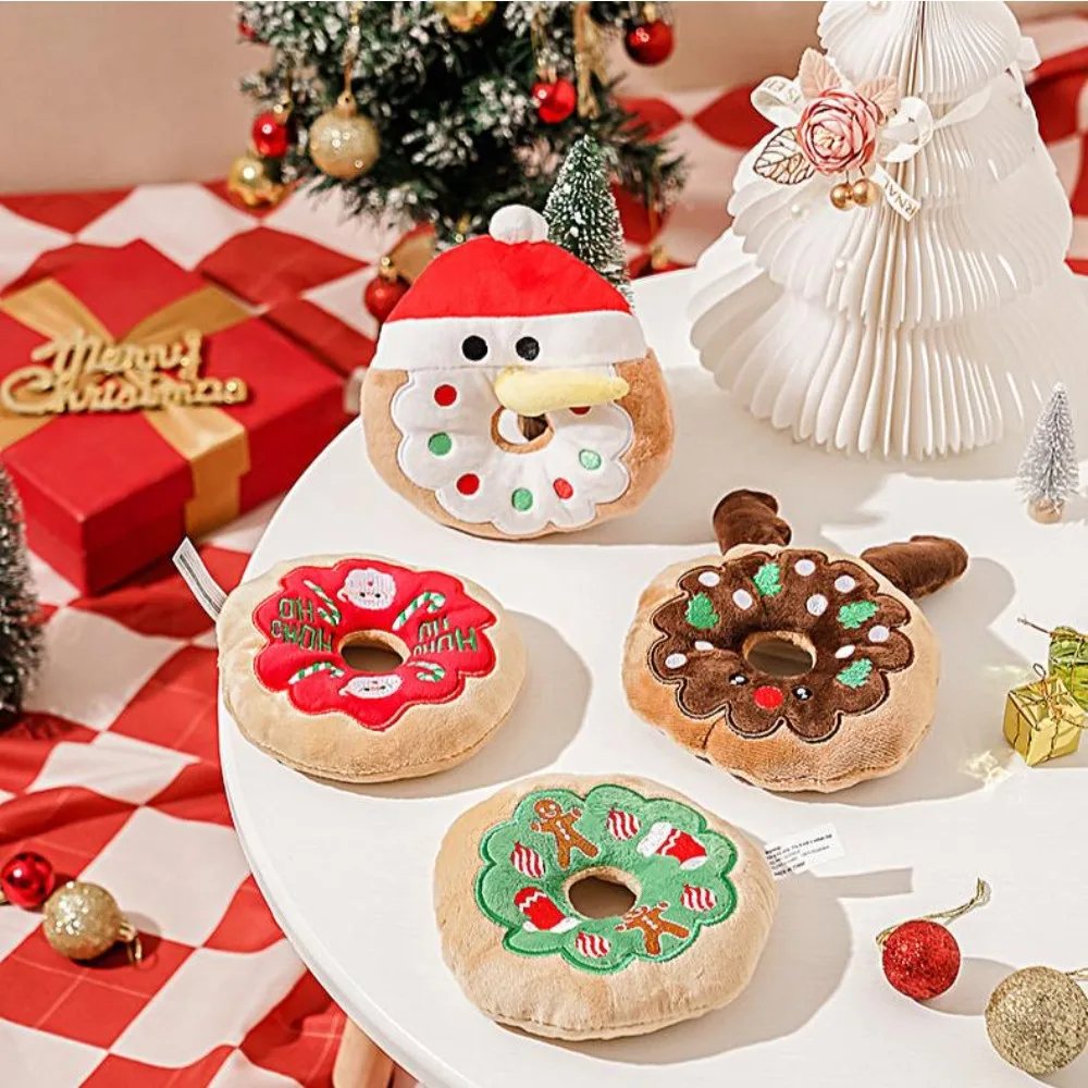 Weihnachtshund-Plüsch-Quietschspielzeug, Donut-Kauspielzeug mit Quietscher, Stofftiere für mittelgroße und kleine Hunde, Welpen, interaktives Weihnachtsgeschenk