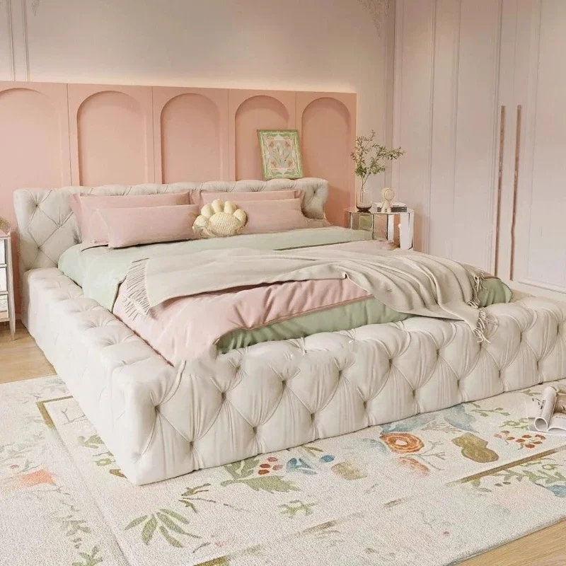 h*-180x200cm Frosted cloth Double Bed Luxury Modern Headboard Frame Double Bed Wood Full Queen Twin Bedroom Furniture^