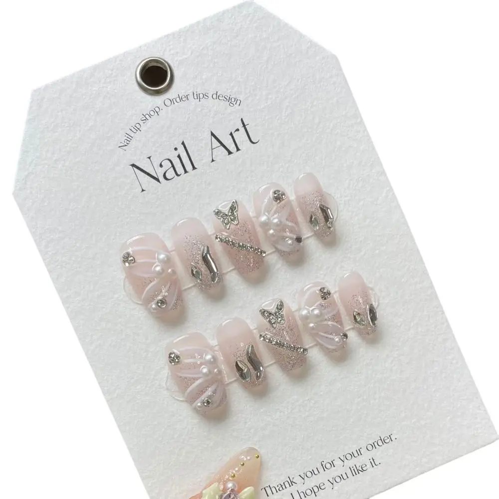 

10Pcs XS S M L Pure Manual False Nail with Tool Box with Rhinestone Pearl Hand-painted Butterfly Handmade Nails Full Cover