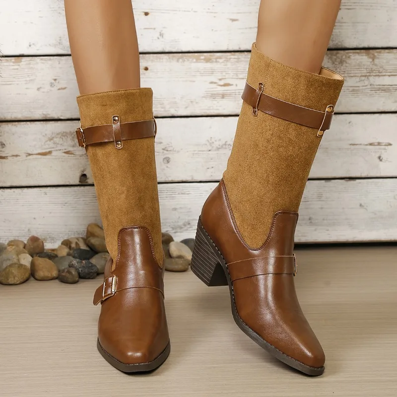 Women's Pointed Toe Shoes Vintage Color Blocking High Heel Mid Boots New Spring and Autumn Women Comfortable Fashion Mid Boot