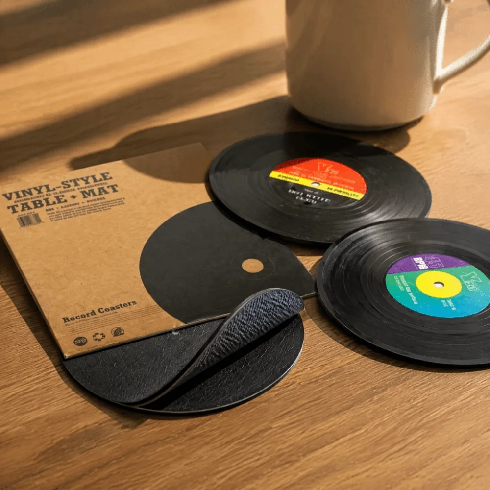 2pcs ABS Record Coasters 4 Inch Diameter Retro Design Vinyl Record Coasters Black Classic Cups Drink Coasters for Home Decor