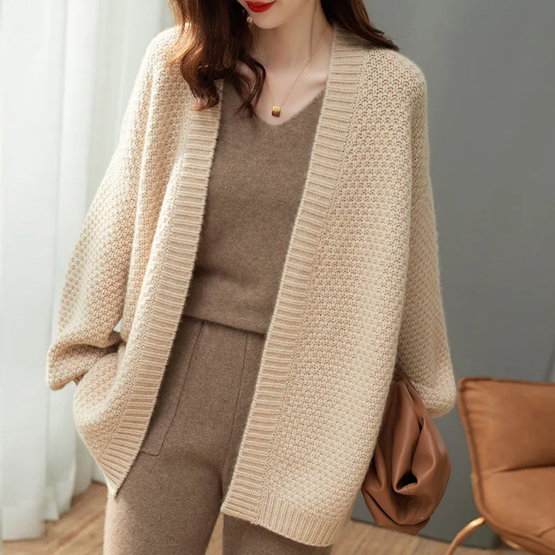 

Autumn Vintage Knit Cardigan Long Lantern Sleeve Womean Korean Solid Sweater Coat Woman Simple Long Sleeve Open Stitch Tops