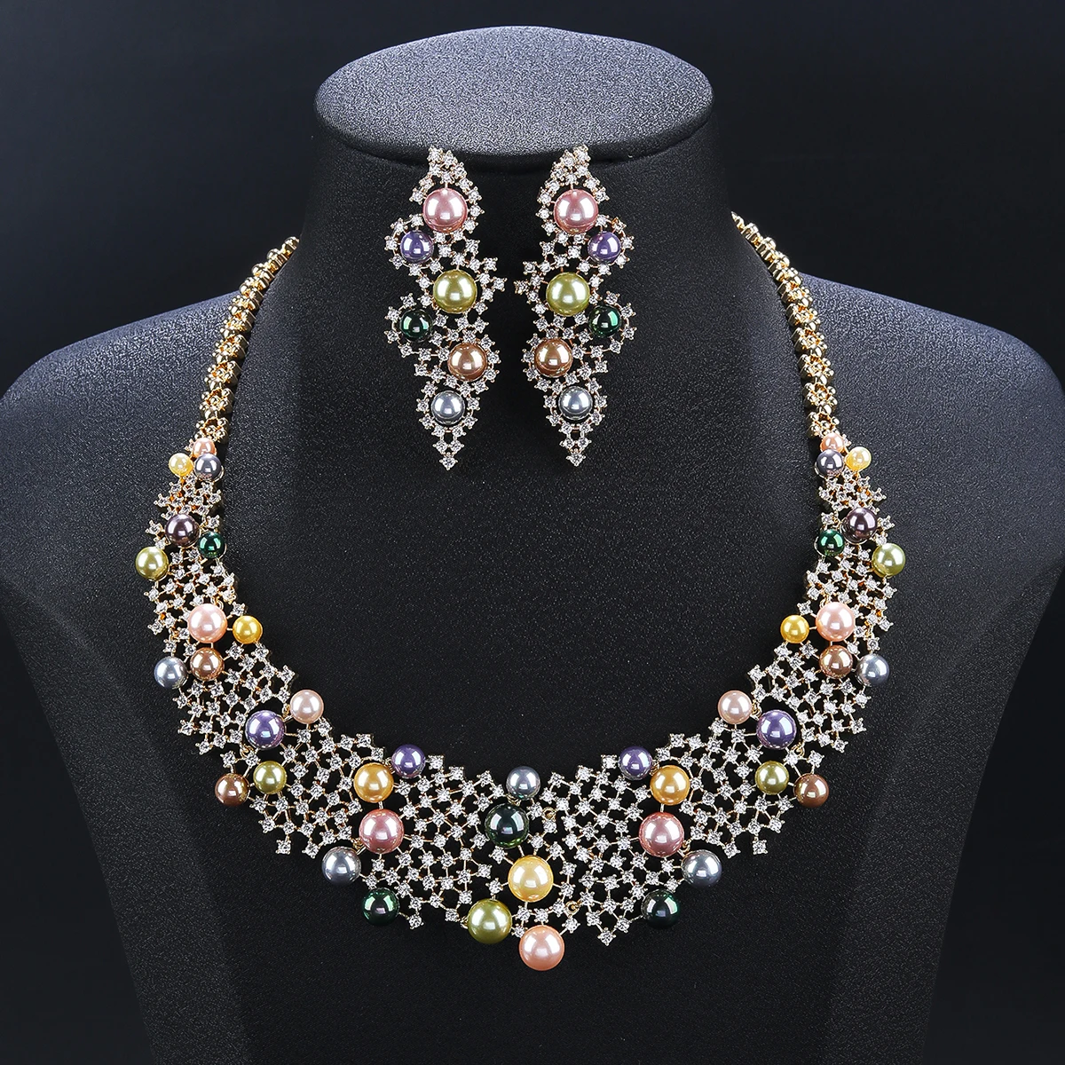 Gorgeous Bridal Jewelry Set Colors Pearl Cubic Zirconia Ladies Party Wedding Flower Necklace And Earrings Set CN11546