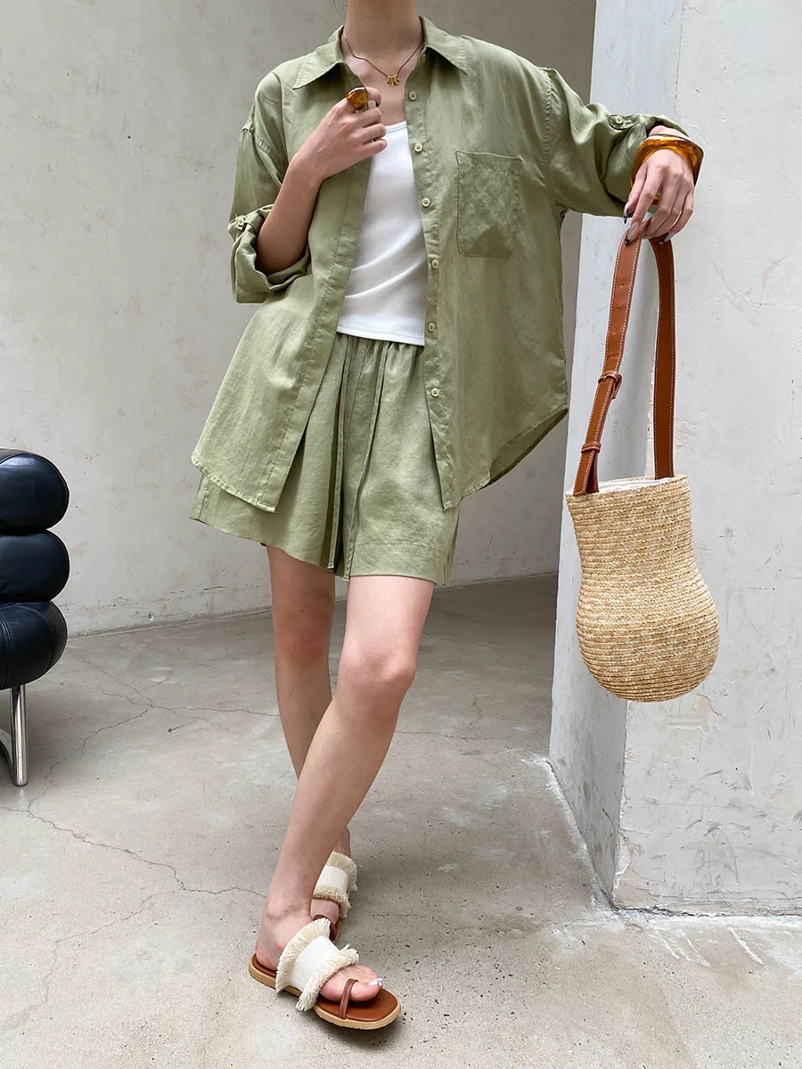 Sommer Damen Casual Einfarbiges Sonnenschutz-Kragen-Langarmshirt mit Kordelzug-Shorts, Lockeres Set – Detail 9