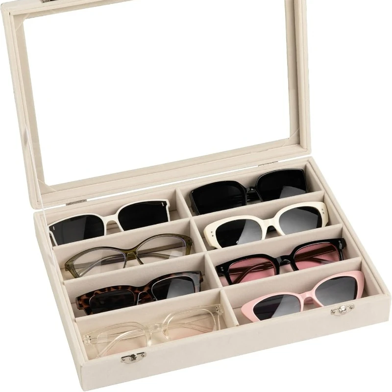 Sunglass Organizer,Velvet Glasses Organizer,8-Slot Sunglasses Tray with Clear Lid,Men's/Women's Sunglasses Box,Sunglass Case