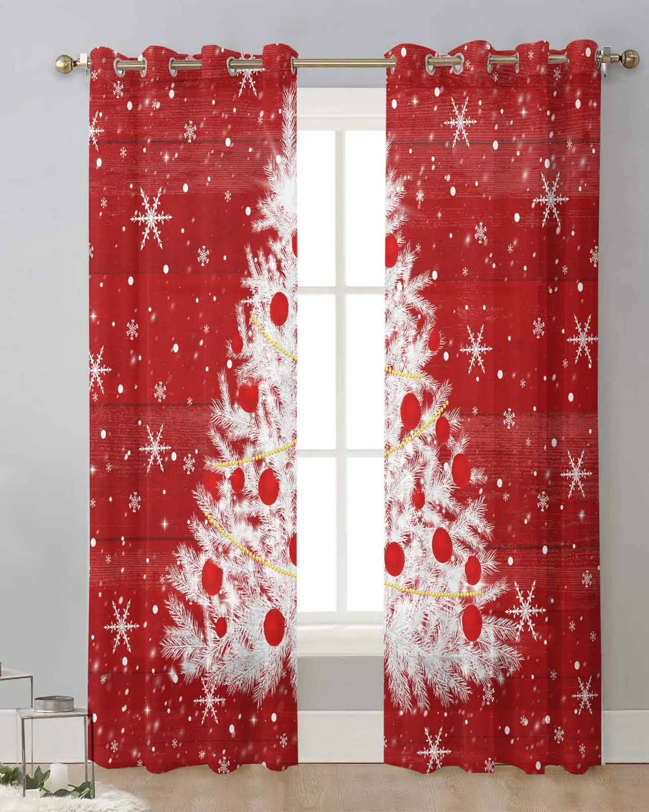 

Christmas Red Wood Grain Tree Snowflakes Sheer Curtains for Living Room Printed Tulle Window Curtain Luxury Home Decor Drapes