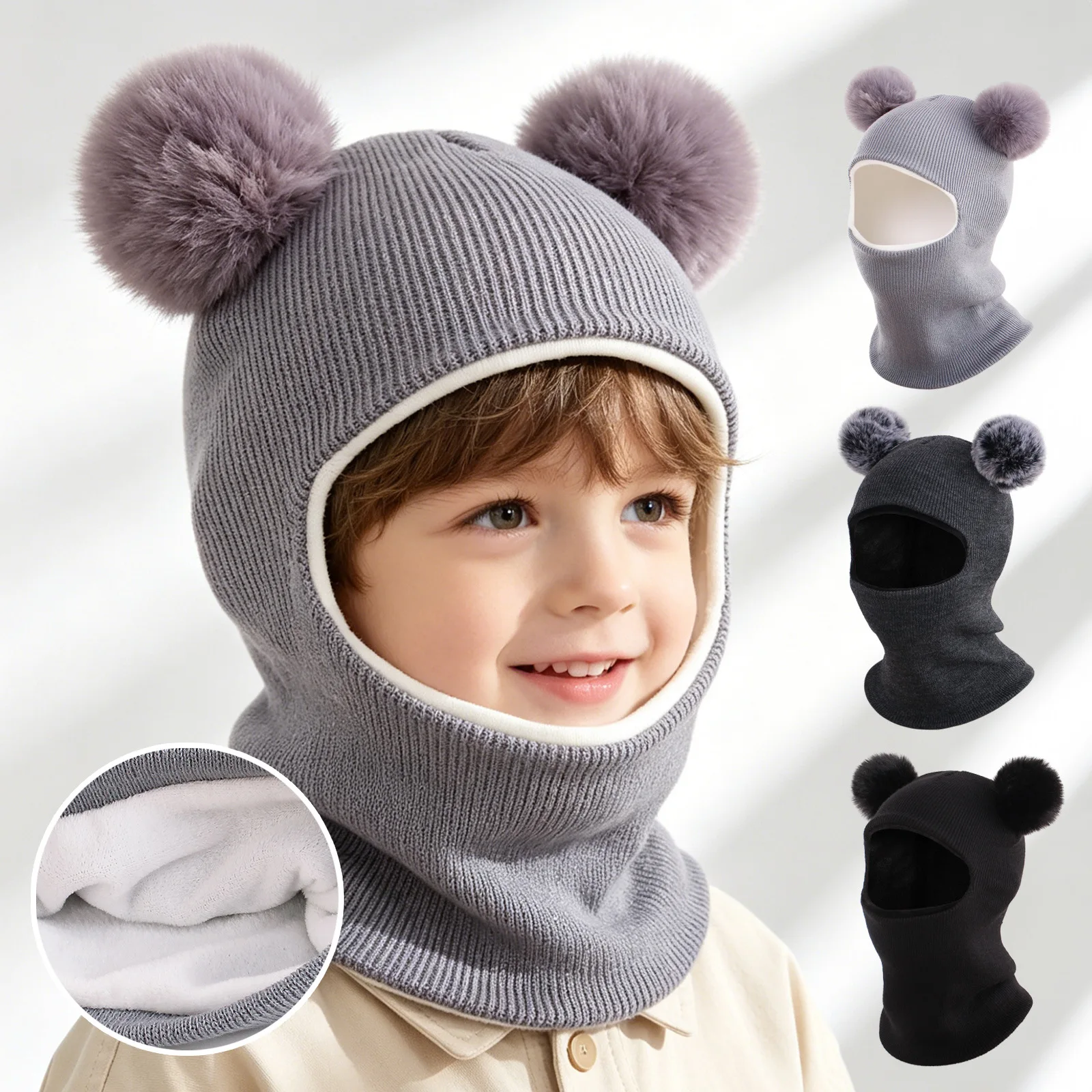 Baby Kids Winter Knit Hood Scarf Fleece Lined Thick Warm Ear Cover Pom Pom Balaclava for Boys Girls Outdoor Wear