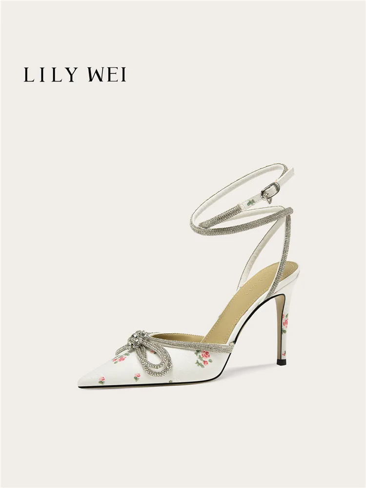 Summer new pointed fabric water diamond bow sandals for banquets, large size, small size, widened version high heels women shoes
