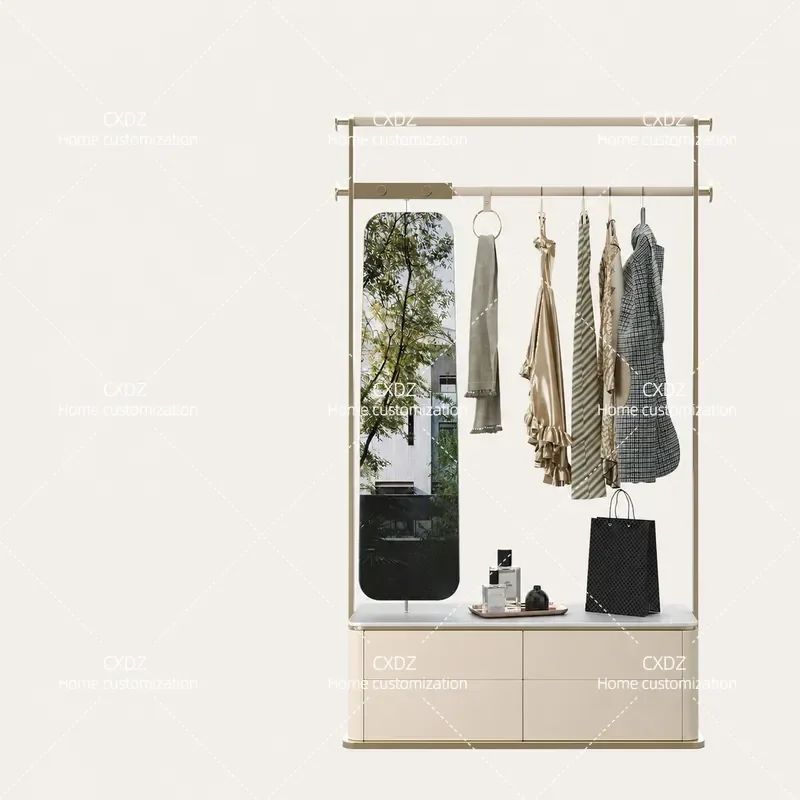 Light Luxury Full Length Mirror Coat Rack Integrated Solid Wood Bedroom Modern Marble Floor to Ceiling Hanger Storage Cabinet