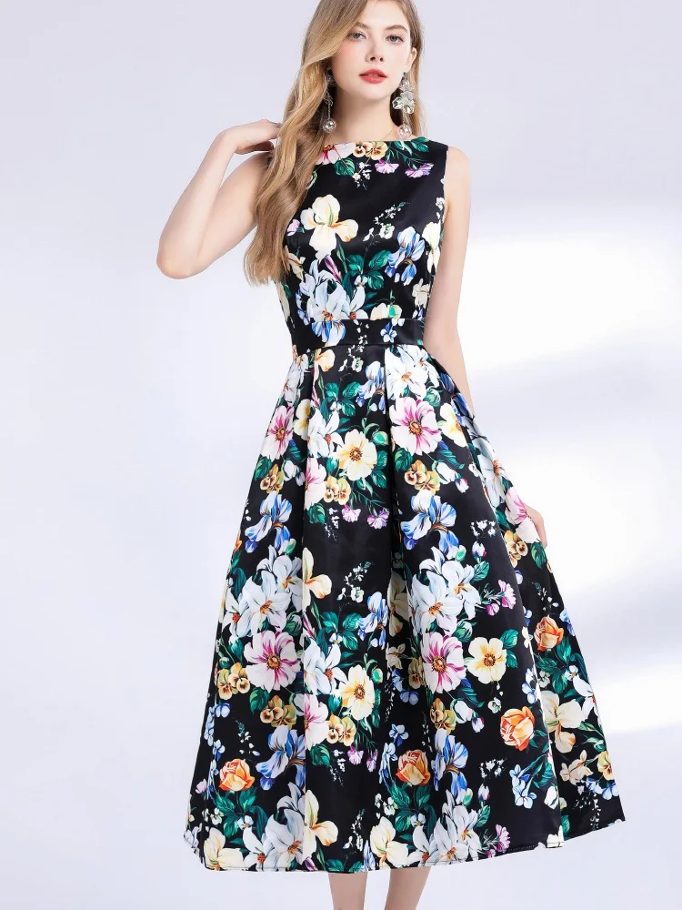 SMTHMA New Summer Women Print O-Neck Sleeveless Casual Long Dress Fashion Slim Fit Beach Party Evening Wear Runway Dresses