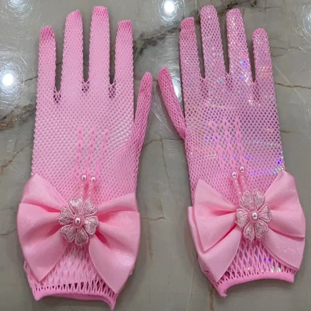 New Kids Mesh Bow Lace Pearl Fishnet Gloves Children Fashion Elegant High Elasticity Short Gloves Mittens Party Supplies