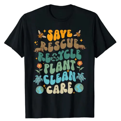 

Retro Groovy Save Bees Rescue Animals Recycle Fun Earth Day T-Shirt Funny Letter Print Saying Graphic Tee Tops Mother's day Gift