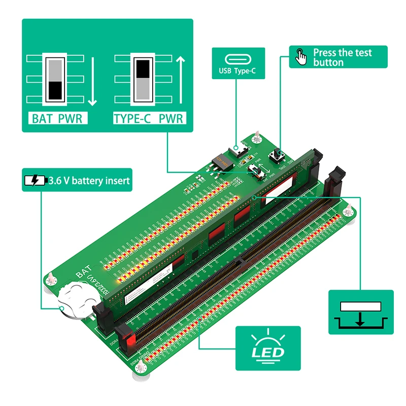 Desktop Computer Motherboard Memory Slot 2x DDR4 Diagnostic Repair Analyzer Test DDR4 DIMM Memory Test Card With LED Tester Card