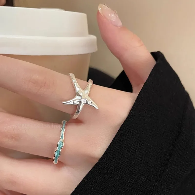 Anillo abierto de estrella de mar para mujer, anillo de onda de mar esmaltado con manchas azules dulces, joyería exquisita de moda para chica, anillo de dedo índice de nicho