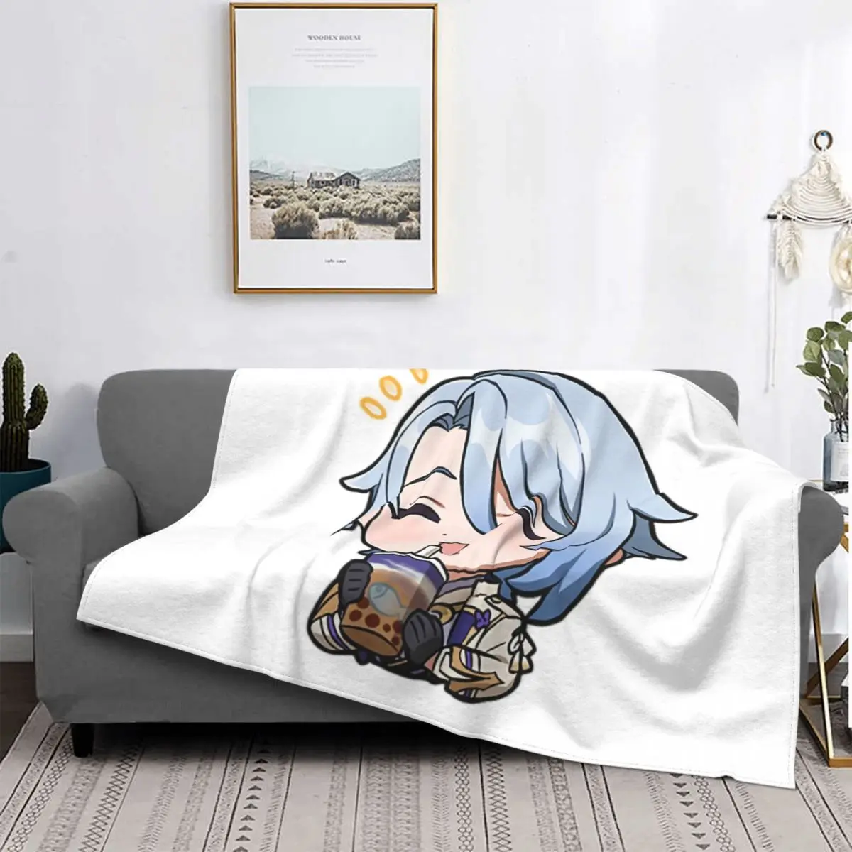 Chibi Ayato Enjoying His Boba Genshin Impact Blanket Velvet Print Portable Lightweight Throw Blankets for Sofa Outdoor Bedspread