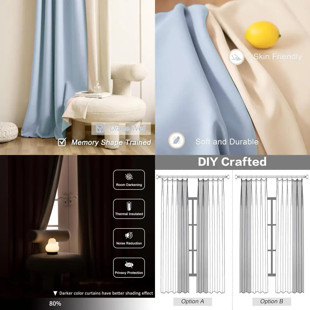 90 Beige und Macaron-blaue Pinch-Faltenvorhänge für Schlafzimmer/Kinderzimmer, raumverdunkelnde zweifarbige, maßgeschneiderte Faltenvorhänge, W42xL90, 2er-Set