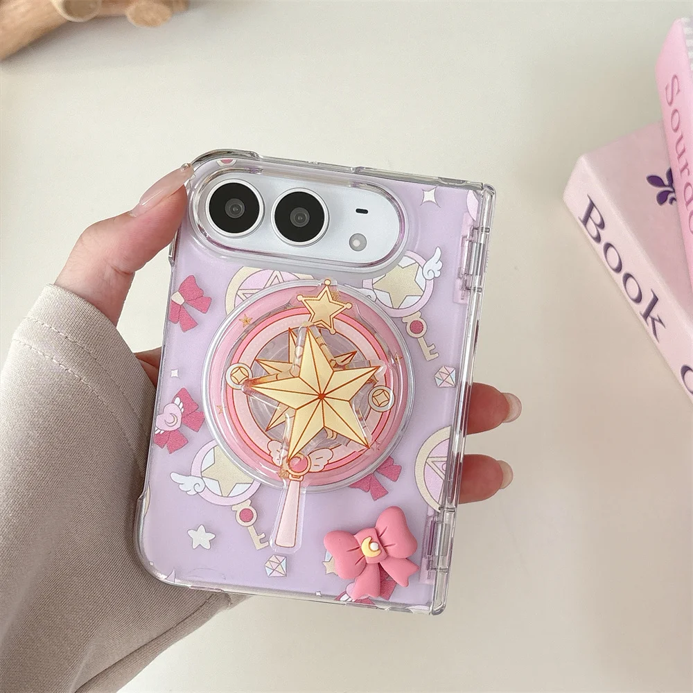 Fashion Korean Cute pink Full bowknot Folding Phone Case For iPhone Duo With Magnetic Stand Shockproof Cover For Magsafe Cases