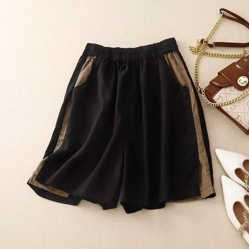 

Бежевые льняные однотонные повседневные эластичные женские шорты с высокой талией, свободные широкие шорты для женщин, весна 2026, мода