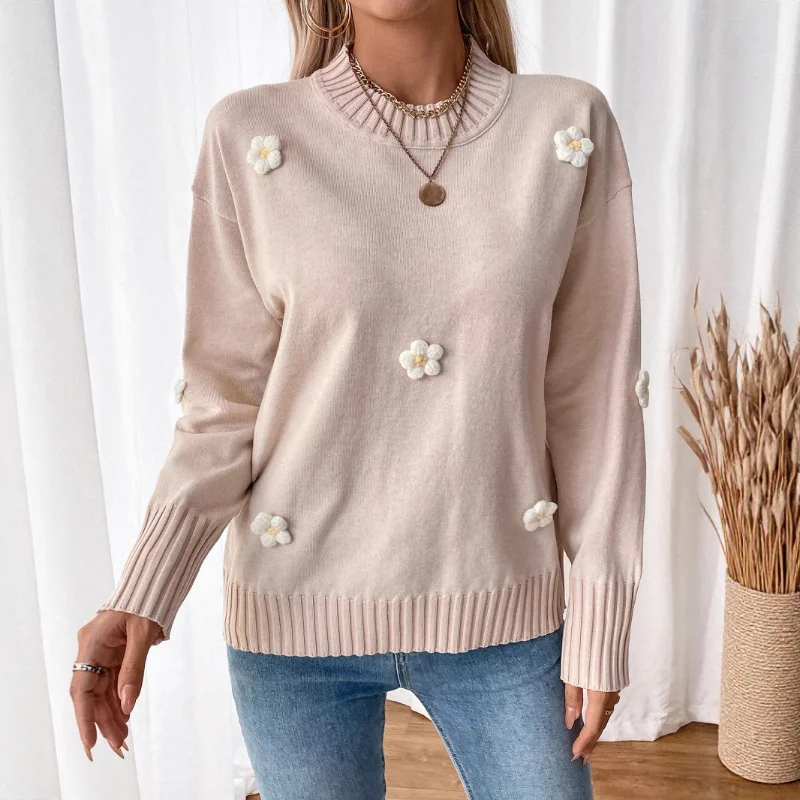 

Autumn Valentine's Day Flower Decoration Knitted Pullover Round Neck Sweater
