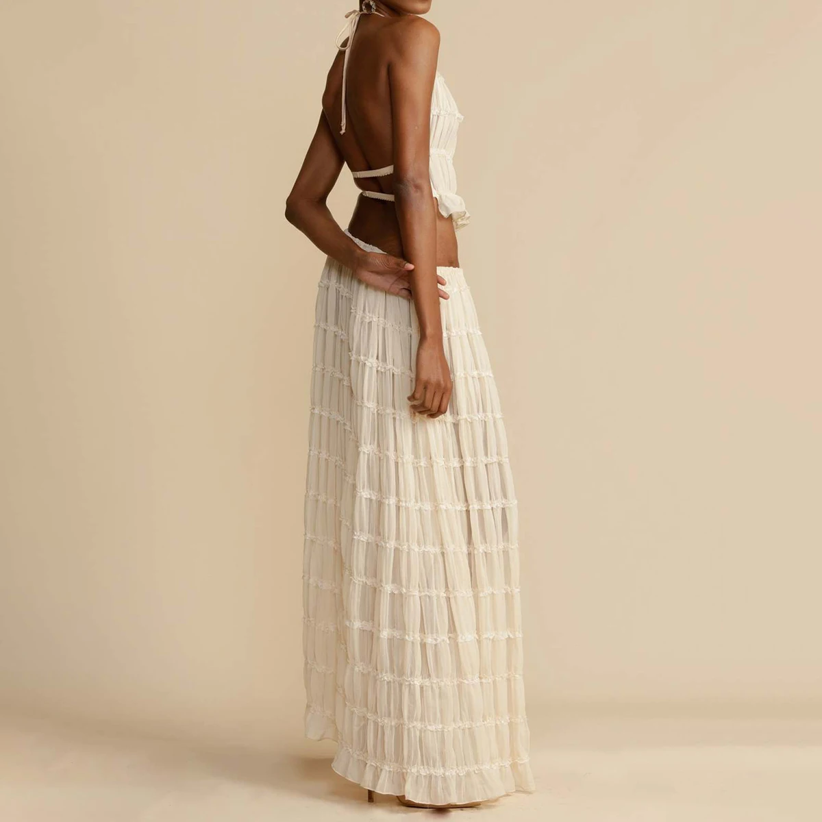 White Fungus Maxi Skirt Set 2024 New Sleeveless Backless Cropped Halter Tops+drawstring Long Skirts Elegant Fashion 2 Piece Sets