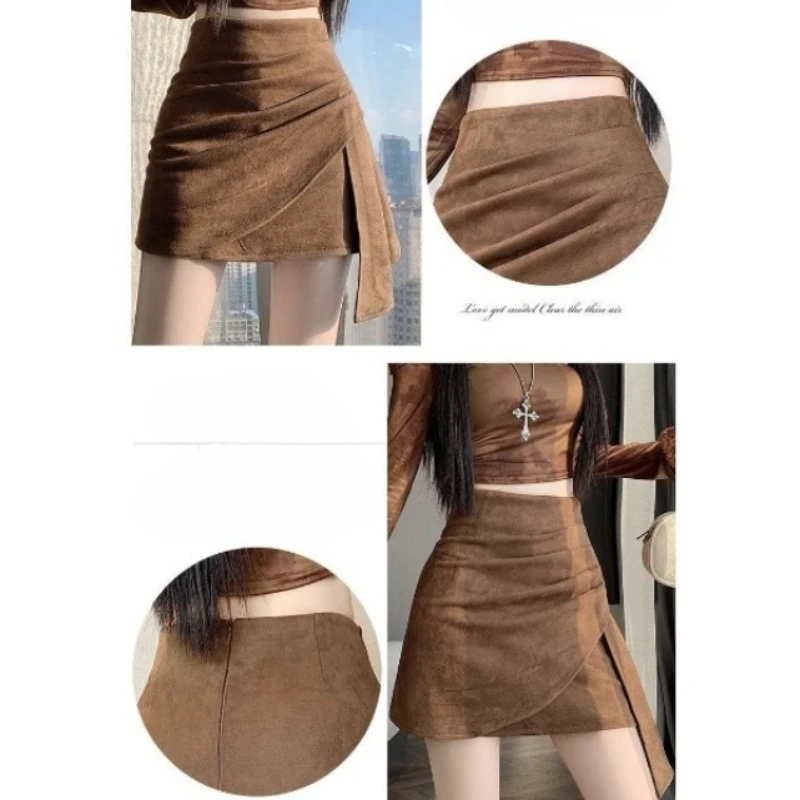 Jupe courte en daim irrégulière, taille haute et fine en automne et en hiver, jupe de hanche Anti-lumière avec mot A, décontractée et polyvalente à la mode