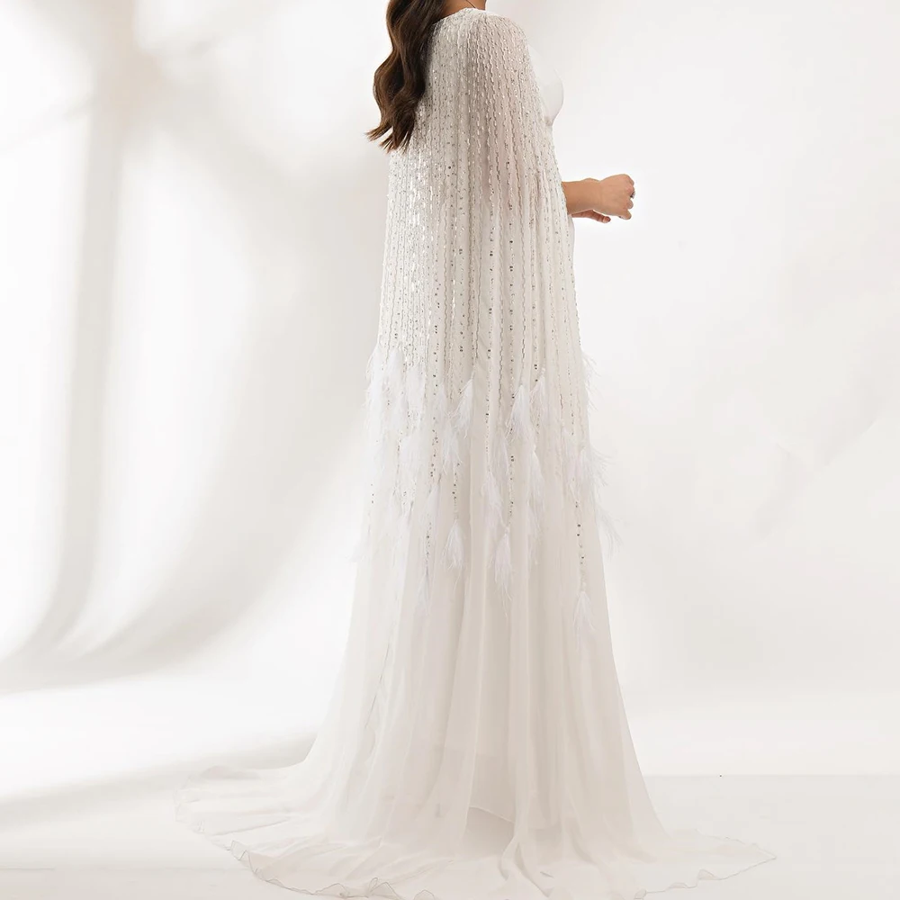 パーソナライズされたシフォンのイブニングドレス,ストレートキャップ,Vネック,地面の長さ,ノースリーブ,羽,スパンコール,クリスタル,電車