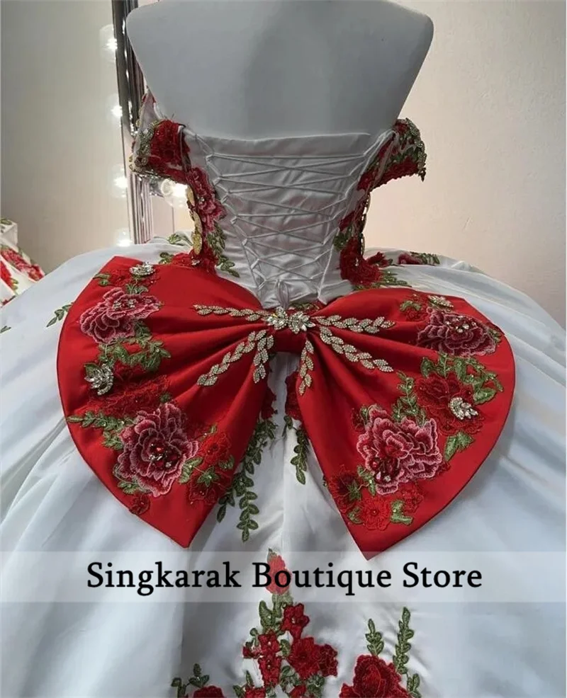 Мексиканское белое платье Quinceanera 2024, бальное платье с красными цветами, аппликациями из бисера и кристаллами, милое платье 16, Vestido De 15 по индивидуальному заказу