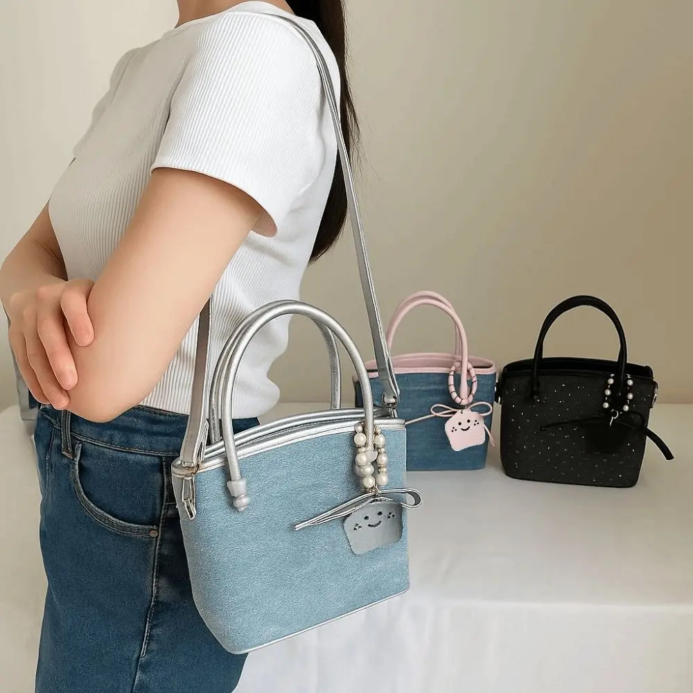 

Retro Minimalist Denim Bucket Bag Elegant with Pendant Korean Crossbody Bag Rhinestone Color-Block Women 's Handbag Portable