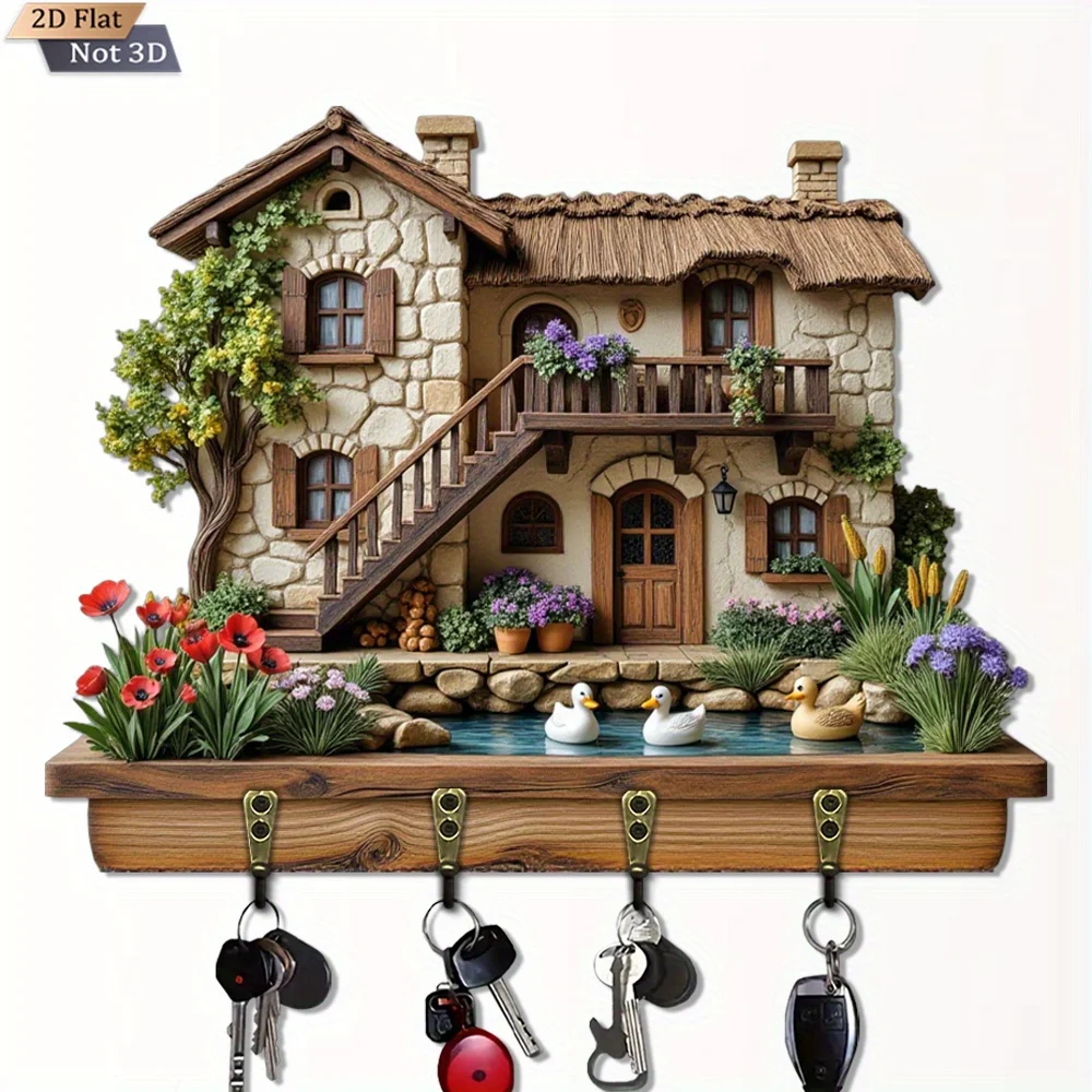 2D Flat, 1pc, Rustic Cottage Key Hook, Wooden Multi-functional Home Key Rack, with four metal hooks, wall decor, porch decor,