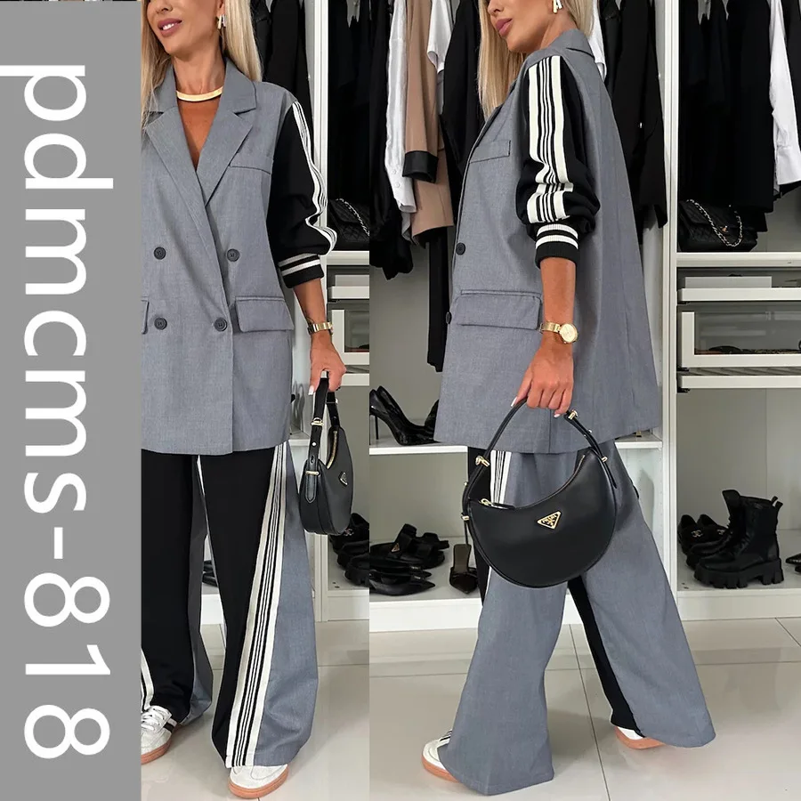 

2025 новый европейский и американский осенне-зимний двубортный костюм с длинными рукавами INS, повседневный свободный комплект из двух предметов