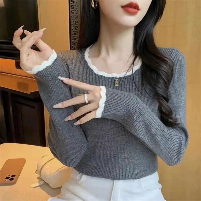 Autumn Winter Elegant Elegant Patchwork Knit Pullovers Women Clothing O-neck Long Sleeve Elegant Sweaters Office Lady Solid Tops