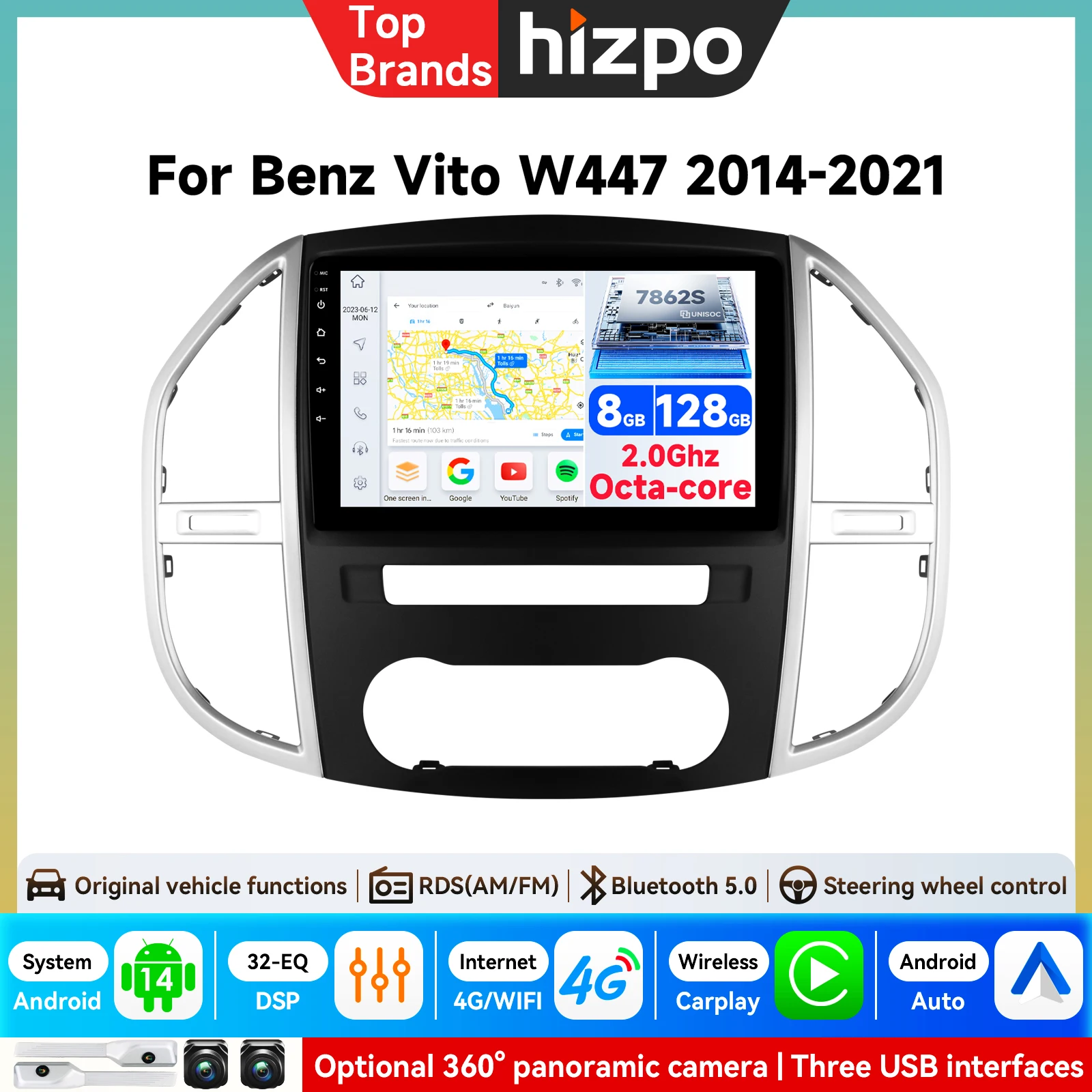 Autoradio Android 10,1 pouces pour Benz Vito W447 2014-2021 Récepteur stéréo GPS Navigation DSP Lecteur vidéo Carplay Multimédia 7862