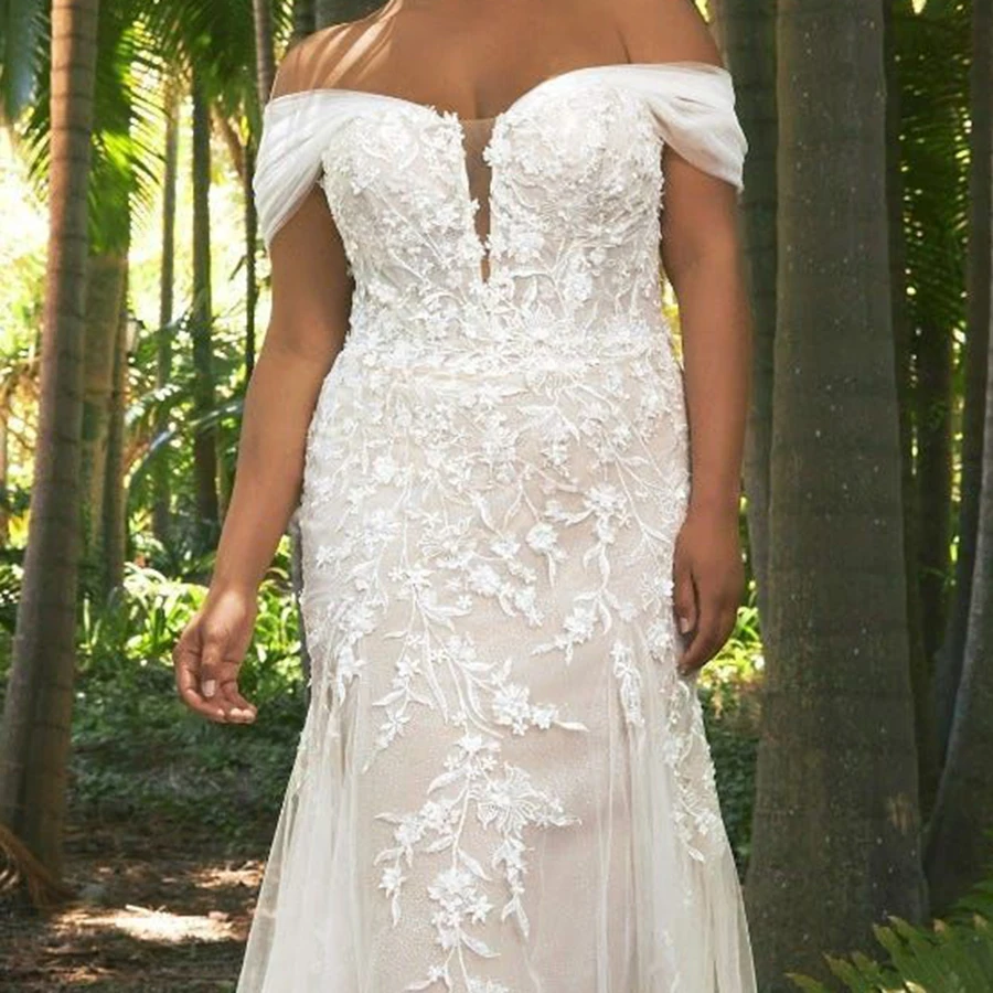 Abito da sposa con spalle scoperte Applique in pizzo Manica corta Lunghezza pavimento Abiti da sposa sexy a-line da spiaggia con strascico di corte 2025 Tulle