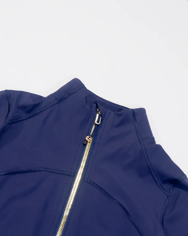 Neue Damen Slim Fit Sportjacke mit Goldreißverschluss, atmungsaktiv, schnelltrocknend, Stehkragen-Stil, Daumenloch-Design, Sportjacke – Detail 12