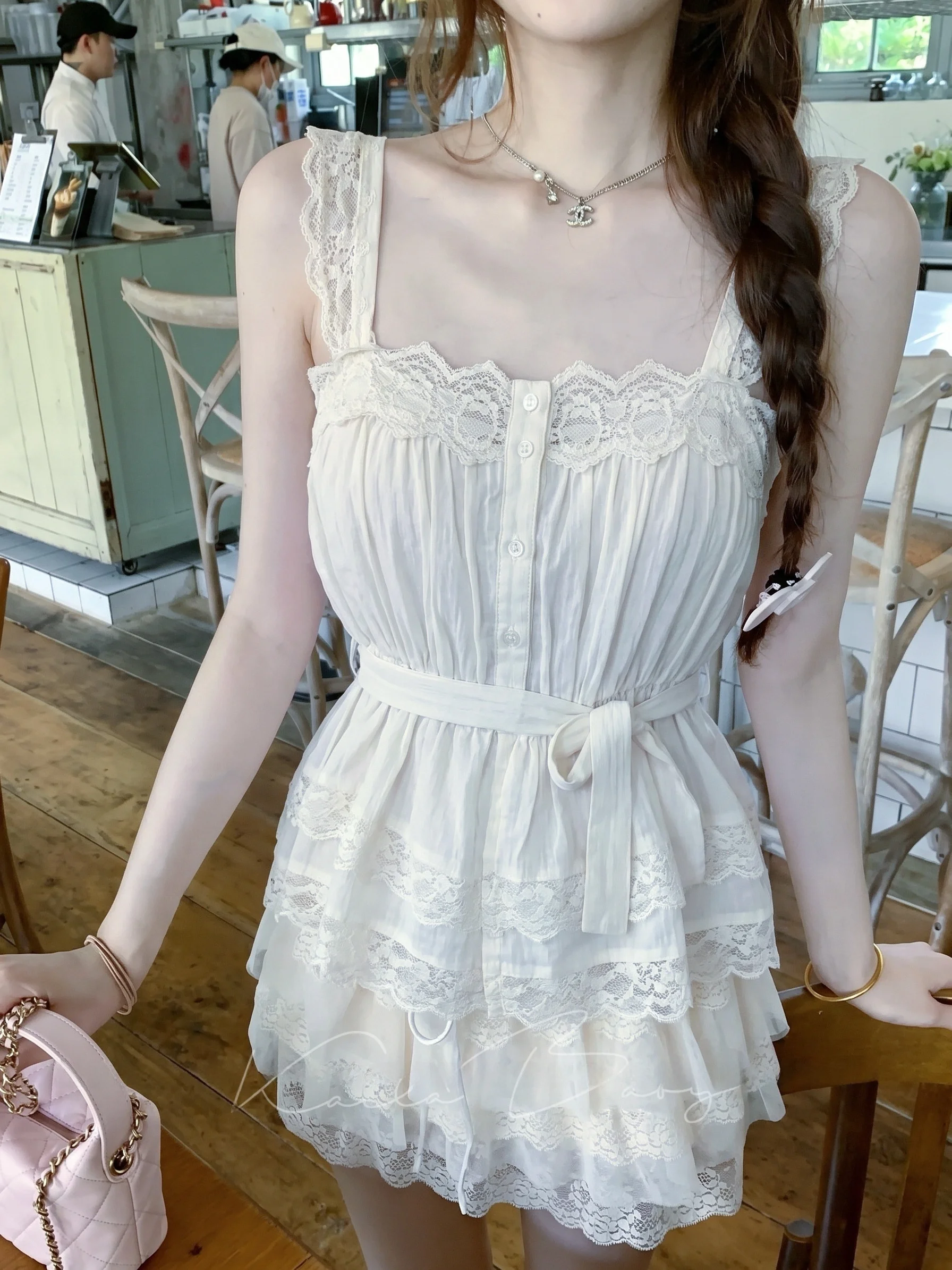 Elegant Lace Trim Strap Vest Women's Waist Cinching Sleeveless Top Gentle Breeze Style Knot Front Casual Summer Fashion