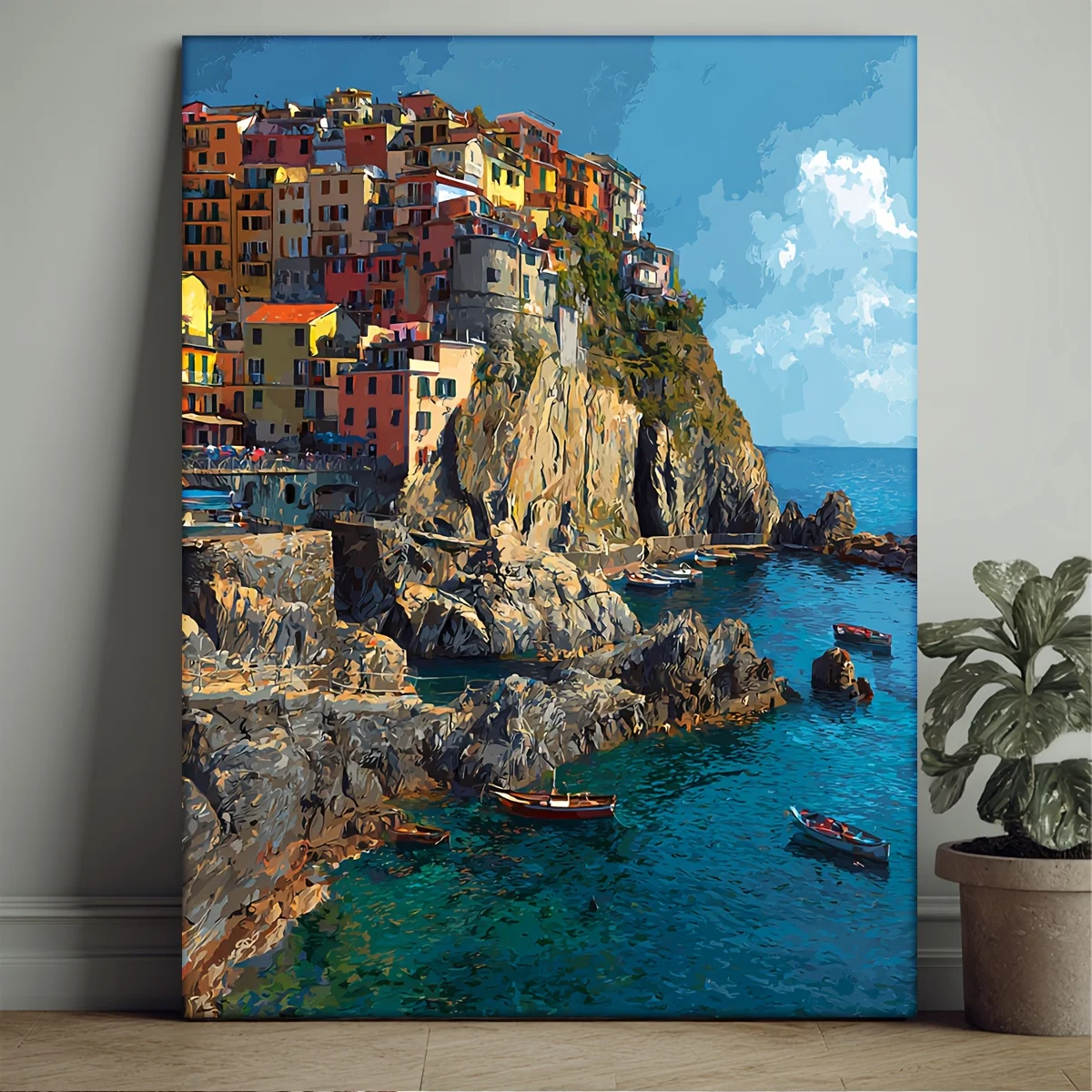 (No frame)1pc 12x16 Inch Framed Cinque Terre Italy Wall Art Print - Vibrant Mediterranean Coastal Village Painting with Color