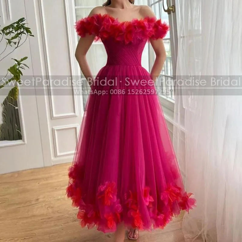 

Puffy A Line Prom Dresses Handmade Flowers Off Shoulder Customized Ankle Length Long Evening Dress Party For Women