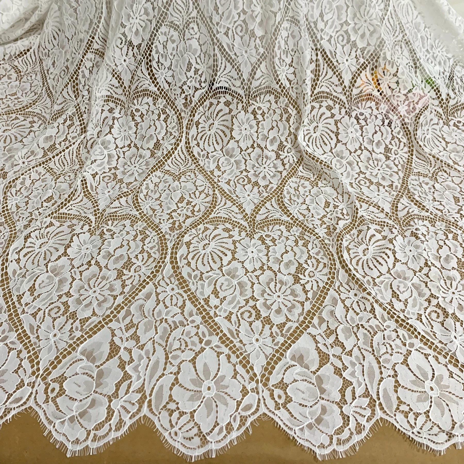 Off White Dress Gown Sewing Material 2023 NEW Big Heart Shape NEW Eyelash Lace Fabric 3 Meters Long per Piece